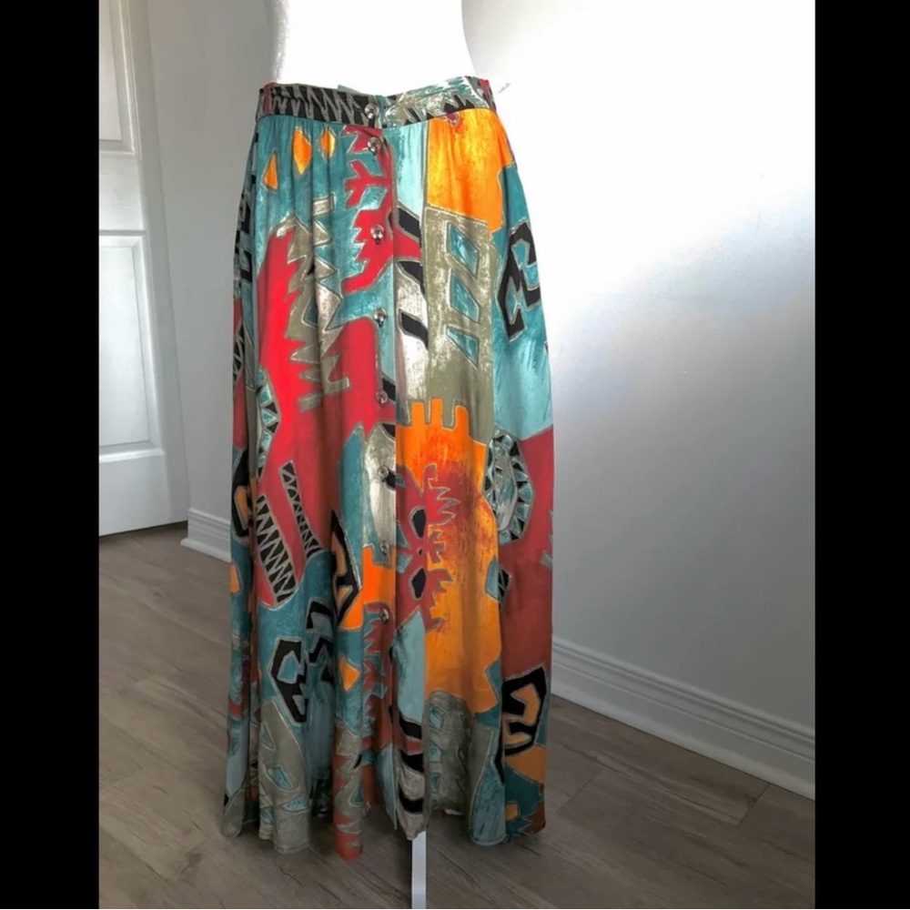 🇨🇦 Vintage 90s Abstract Art Midi Skirt – Teal Red Orange• Suttles & Seawinds - Picture 4 of 16